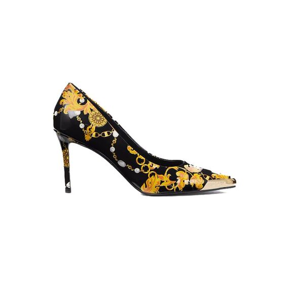 Versace Jeans Couture Black/Gold Baroque Print Toe Cap Stiletto Pumps - Picture 2 of 4